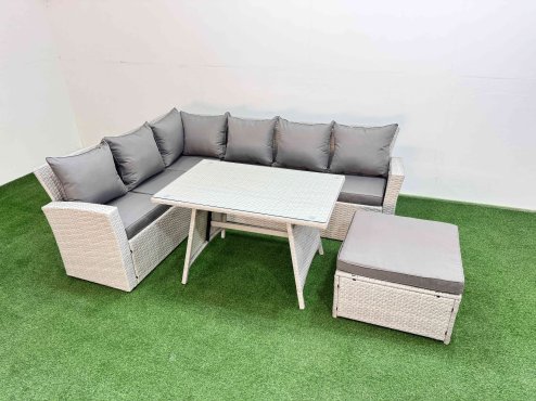 Fimous Garden Outdoor Rattan Furniture Set Rattan Corner Sofa Oblong Dining Table Set with Big Footstool Light Grey Mixed 7 Seater