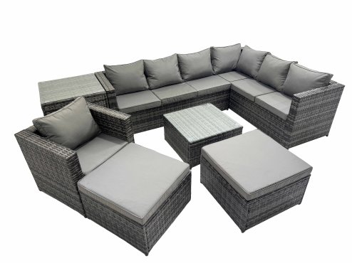 Fimous Outdoor PE Rattan Garden Furniture Sofa Set with Square Coffee Table Chair 2 Big Stools Side Table Dark Grey