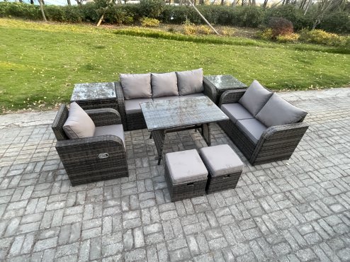 Fimous 8 PCS Outdoor Lounge Sofa Set Wicker PE Rattan Garden Furniture Set with Rectangular Dining Table Armchair 2 Small Footstools Dark Grey Mixed