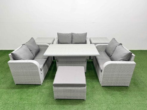 Fimous 7 Seater PE Wicker Rattan Furniture Sofa Sets with Adjustable Lifting Dining or Coffee Table 2 Seater Love Sofa Big Footstool 2 Side Table Light Grey