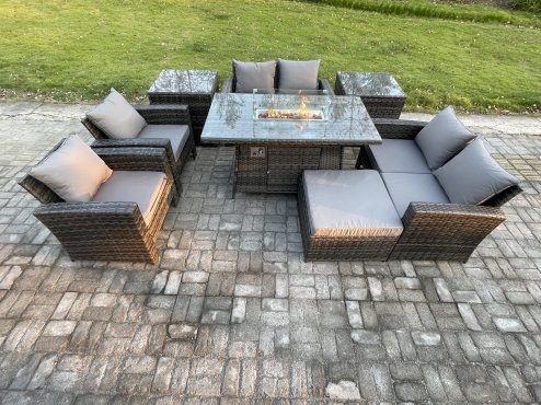 Fimous Wicker PE Rattan Garden Furniture Sets Patio Outdoor Gas Firepit Dining Table Heater Set with Double Seat Sofa 2 Side Tables Big Footstool Dark Grey Mixed