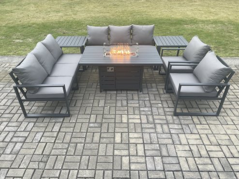 Fimous Aluminium Outdoor Garden Furniture Set Patio Lounge Sofa Gas Fire Pit Dining Table Set with 2 Side Tables Dark Grey