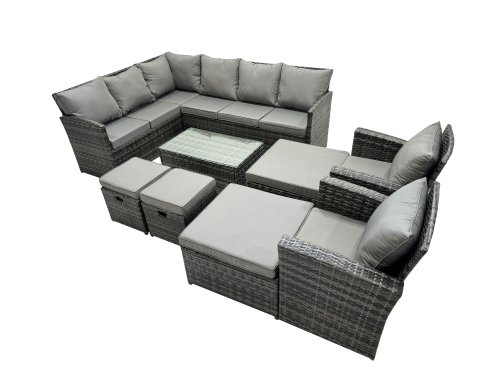 Fimous 12 Seat Poly Rattan Outdoor Patio Coffee Table Corner Sofa Sets with 4 Stools 2 Chairs for Garden Backyard Dark Grey Mixed