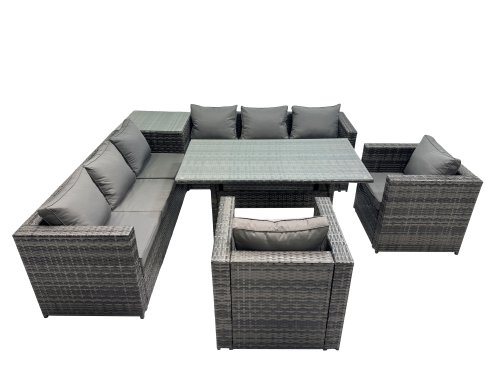 Fimous 8 Seater Outdoor Corner Sofa Chair Dining Table Set Garden Rattan Furniture Set with Side Table Dark Grey