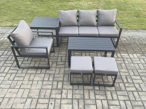 Fimous Aluminium 6 Pieces Garden Furniture Sofa Set with Cushions 6 Seater Outdoor Patio Set with Armchair 2 Small Footstools Side Table Dark Grey