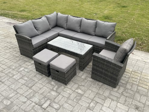 Fimous 9 Seater Outdoor Rattan Garden Furniture Set Corner Sofa Oblong Coffee Table Sets with Patio 2 Small Footstools Armchair Dark Grey Mixed