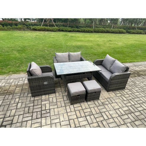 Fimous 7 Seater Lounge Rattan Sofa Set Outdoor Garden Furniture Oblong Rectangular Dining Table With Chairs Footstools Dark Grey Mixed