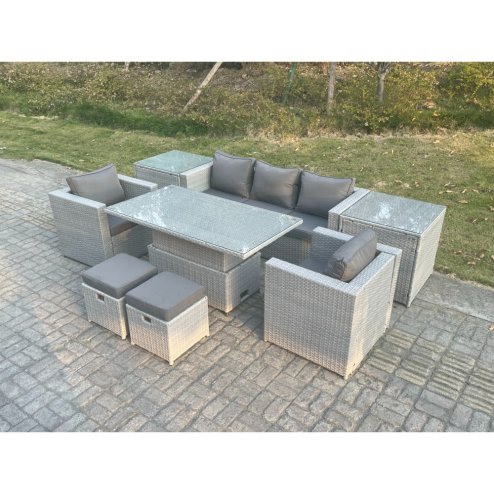 Fimous Rattan Garden Funiture Set Adjustable Rising Lifting Table Sofa Dining Set With 2 Arm Chair 2 Side Table Stools