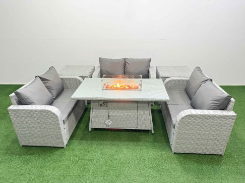 Fimous 6 Seater PE Wicker Rattan Furniture Sofa Sets with Firepit Dining Table 2 Seater Love Sofa 2 Side Table Light Grey