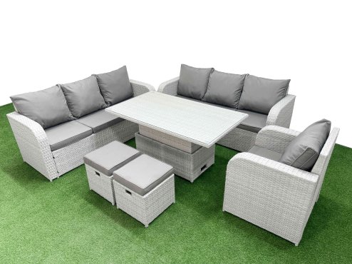 Fimous 9 Seater Poly Rattan Outdoor Garden Furniture Adjustable Lifting Dining or Coffee Table Sofa Set Patio 3 Seater Sofa Reclining Chair 3 Seater Sofa Stools Light Grey