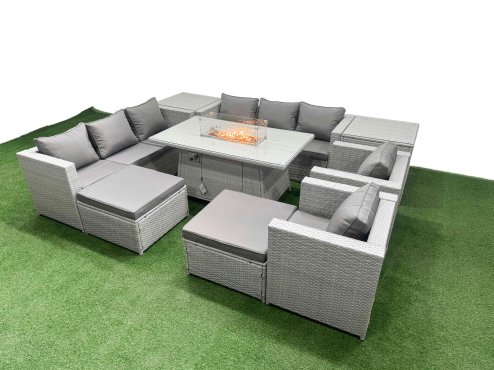 Fimous 10 Seat PE Rattan Lounge Sofa Set Outdoor Garden Furniture Set with Firepit Dining Table 3 Seater Sofa 2 Side Tables 2 Big Footstool Light Grey
