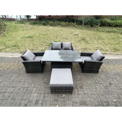 Fimous Rattan Outdoor Furniture Adjustable Rising Lifting Rectangle Dining Table Chairs Two Seater Love Sofa Sets Big Footstools 5 Seater