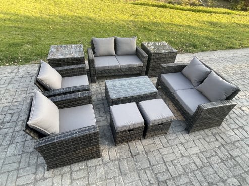 Fimous Garden Furniture Sets 9 Pieces Outdoor Rattan Furniture Manual Wicker Patio Sofa Chair Set with Coffee Table 2 Small Footstools 2 Side Tables Dark Grey Mixed