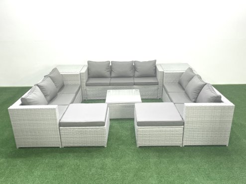 Fimous Rattan Garden Outdoor Furniture Set 11 Seater Rattan Garden Sofa Set with 2 Big Footstools 2 Side Tables Light Grey Mixed Image