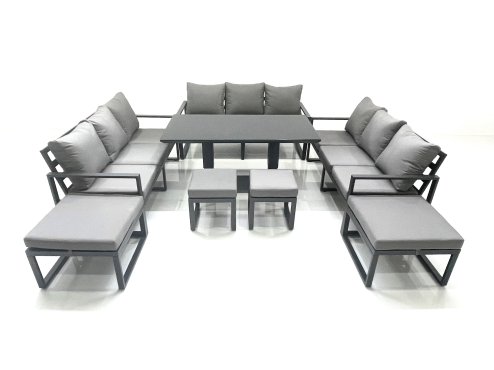 Fimous 13 Seater Garden Sofa Set Aluminium Furniture Rising Dining Tabe Set with 4 Footstools Dark Grey