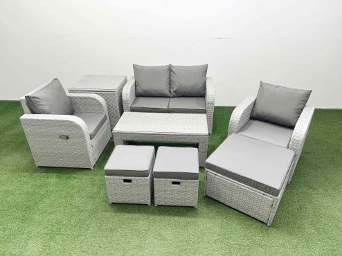 Fimous Light Grey PE Wicker Rattan Garden Furniture Set Sofa Set Reclining Adjustable Chair Oblong Coffee Table 7 Seater 3 Stools Side Table
