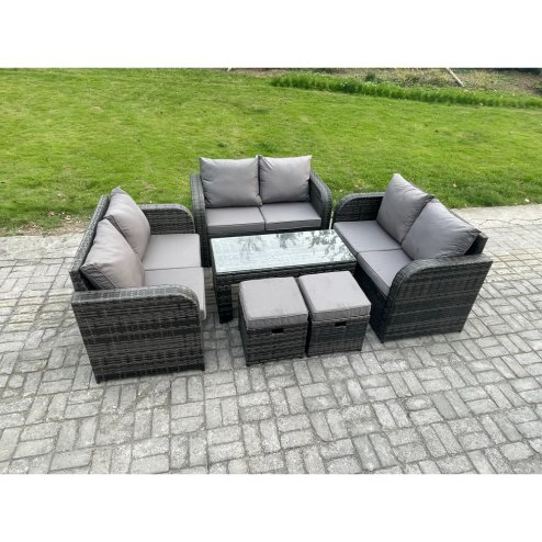 Fimous Outdoor Garden Furniture Sets 6 Pieces Wicker Rattan Furniture Sofa Sets with Rectangular Coffee Table Love seat Sofa 2 Small Footstools