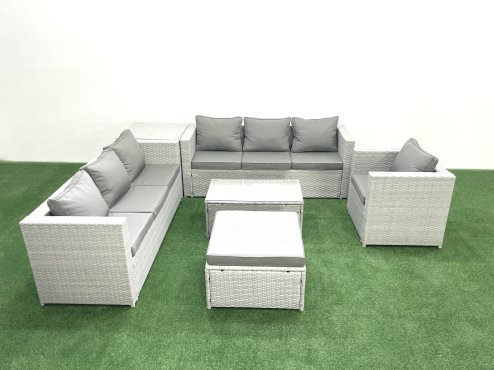 Fimous Wicker PE Rattan Sofa Garden Furniture Set with Armchair Oblong Coffee Table Big Footstool Side Table Light Grey Mixed