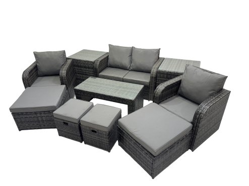 Fimous 3 Seater Sofa Reclining Chair Coffee Table Set Rattan Garden Outdoor Furniture Set with 2 Side Tables 4 Stool Dark Grey Mixed