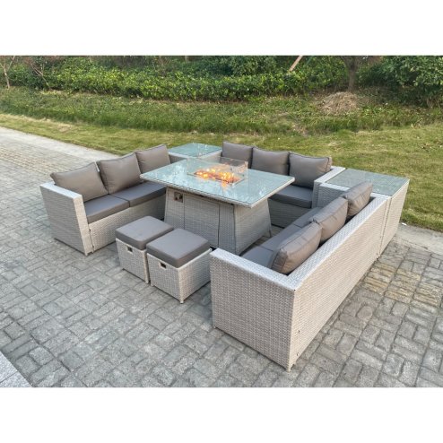 Fimous Light Grey U Shape Lounge Sofa Dining Set With Gas Fire Pit Heater Burner With 2 PC Side Coffee Tea Table Stools