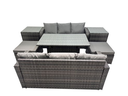 Fimous 8 Seat Outdoor Wicker PE Rattan Garden Furniture Set Dining Table Sofa Set with 2 Big Stool 2 Side Tables Dark Grey Mixed