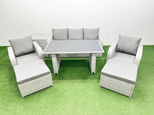 Fimous Outdoor Rattan Garden Furniture Dining Set 7-seater Patio Rectangular Table 3 Seater Sofa Reclining Chair Set with Side Table 2 Big Stools