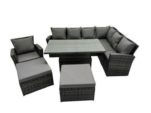 Fimous 9 Seat Rattan Garden Furniture Corner Sofa Set Outdoor Adjustable Lifting Dining or Coffee Table Set with 2 Big Footstools Dark Grey Mixed