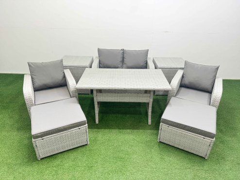 Fimous Light Grey PE Wicker Rattan Garden Furniture Set Sofa Set Reclining Chair Rectangular Dining Table 6 Seater 2 Big Stools 2 Side Table