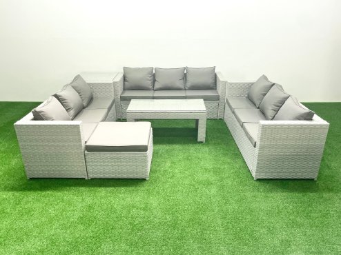 Fimous Rattan Garden Outdoor Furniture Set 10 Seater Garden Sofa Oblong Coffee Table Set with Big Footstool Side Table Light Grey Mixed