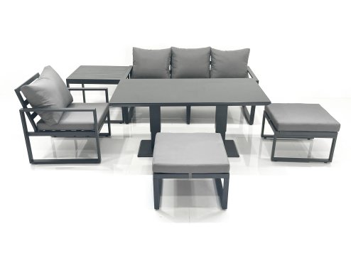 Fimous 6 Seater Garden Sofa Set Aluminium Furniture Rising Dining Tabe Set with Chair 2 Big Footstool Side Table Dark Grey
