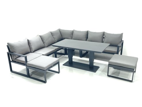 Fimous 9 Seater Outdoor Aluminum Garden Furniture Set Corner Sofa 2 Big Footstools Adjustable Rising Lifting Dining Table Sets Dark Grey