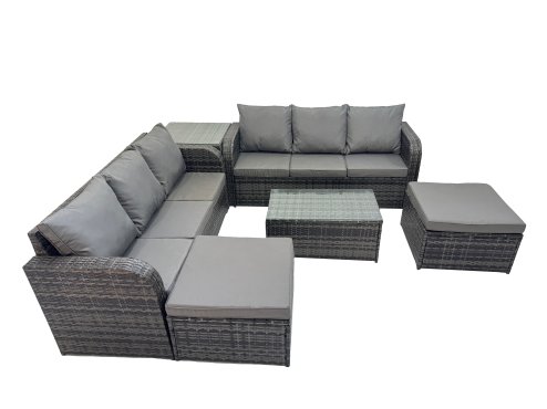 Fimous Outdoor 3 Seater Sofa Coffee Table Set Garden Rattan Furniture Set 8 Seater with 2 Big Stools Side Table Dark Grey