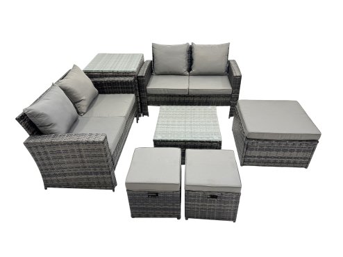 Fimous PE Rattan Garden Furniture Set Lounge Double Seat Sofa Coffee Table Set with Side Table 3 Stools Dark Grey Mixed