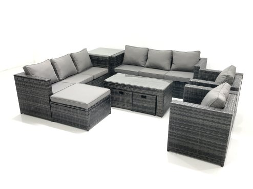 Fimous Rattan Garden Furniture Sofa Set with Coffee table Armchair Side Table 3 Footstools Dark Grey Mixed