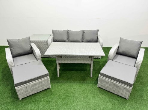 Fimous PE Rattan Garden Furniture Set Reclining Chair Sofa Lounge Sofa Set Rectangular Dining Table Side Table 2 Big Footstool Light Grey