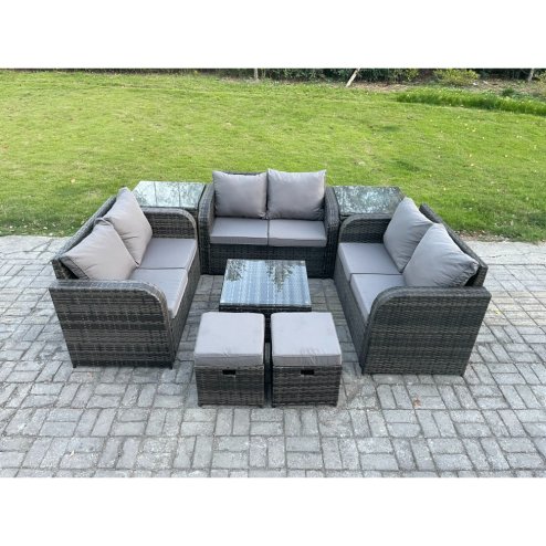 Fimous 8 Seater Outdoor Garden Furniture Sets Wicker Rattan Furniture Sofa Sets with Square Coffee Table Love seat Sofa 2 Small Footstools 2 Side Tables