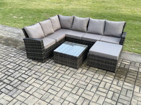 Fimous Rattan Garden Furniture Set Outdoor Lounge Corner Sofa Set With Square Coffee Table Big Footstool 7 Seater Dark Grey Mixed