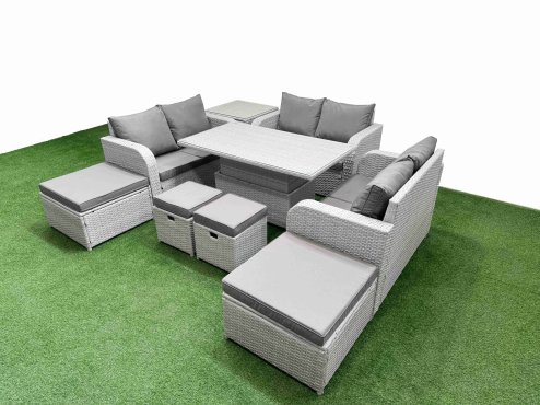Fimous 9 PCs Rising Dining Table Set Inclining Love Sofa Seat 2 Big Footstool 2 Small Stool 1 Side Table Light Grey