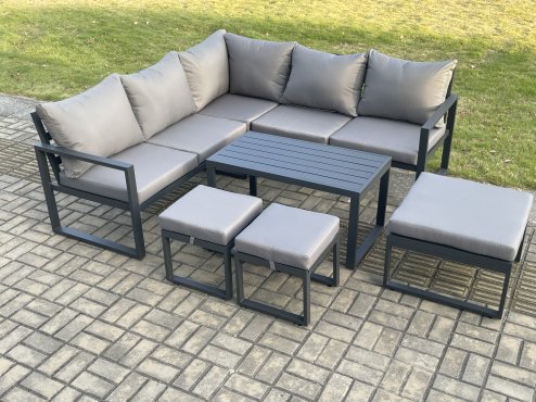 Fimous Aluminium Outdoor Garden Furniture Set Lounge Sofa Oblong Coffee Table Sets with 3 Footstools Indoor Conservatory Set Dark Grey