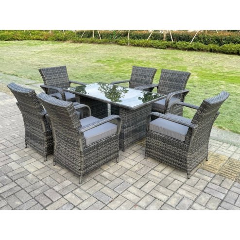 Fimous Rattan Garden Furniture Dining Set Table And Chairs Wicker Patio Outdoor 6 chairs plus black tempered glass rectangular table