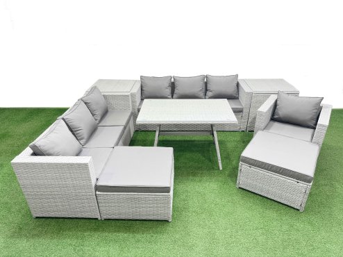 Fimous Outdoor Rattan Garden Furniture Dining Set 9-seater Patio Rectangular Table 3 Seater Sofa Armchair Set with 2 Side Tables 2 Big Stools