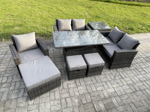Fimous Outdoor Rattan Patio Furniture Set Garden Lounge Sofa Set with Rising Lifting Table Side Table 3 Footstools Dark Grey Mixed