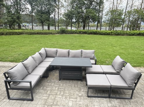 Fimous 9 Pieces Aluminium Garden Furniture Set with Cushions, Patio Furniture Set with Adjustable Rising Lifting Dining Table Big Footstool Dark Grey