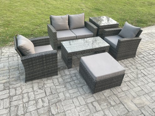 Fimous 5 Seater Outdoor Rattan Garden Furniture Set Patio Lounge Sofa Set with Coffee Table Big Footstool Side Table Dark Grey Mixed