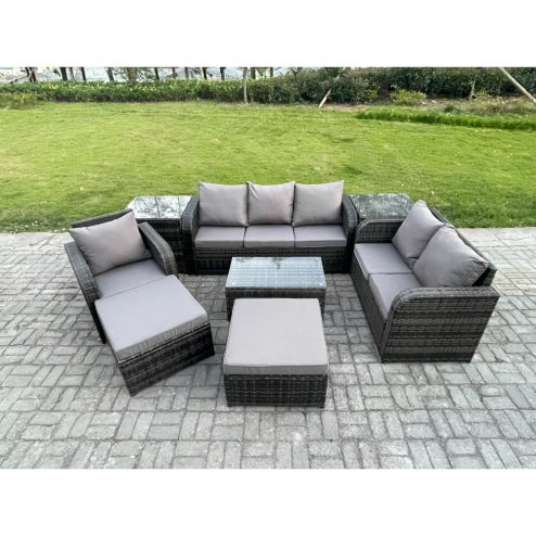 Fimous Outdoor Garden Furniture Sets 8 Pieces Wicker Rattan Furniture Sofa Sets with Rectangular Coffee Table Loveseat Sofa 2 Big Footstool 2 Side Tables