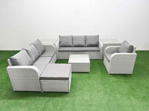 Fimous 8 Seater Poly Rattan Outdoor Garden Furniture Square Coffee Table Sofa Set Patio 3 Seater Sofa Reclining Chair 3 Seater Sofa Big Footstool 2 Side Table Light Grey