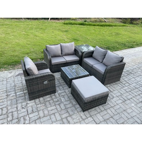 Fimous 6 Piece Garden Furniture Sets 6 Seater Outdoor Patio Furniture Set Weaving Wicker Rattan Sofa Chair and Table with Big Footstool Side Table
