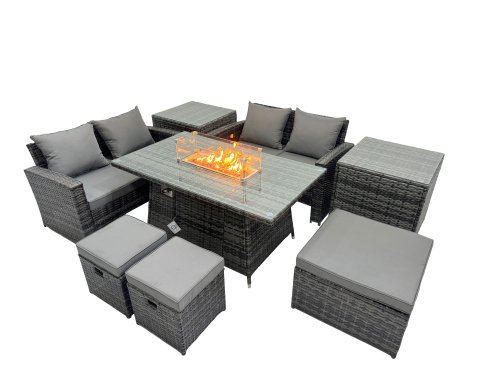 Fimous Outdoor Love Sofa Set 7 Seat Rattan Garden Furniture Set with Gas Firpit Dining Table 3 Footstools 2 Side Table Dark Grey Mixed