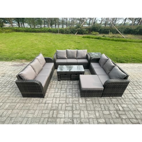 Fimous 12 Seater Rattan Garden Furniture Set Indoor Outdoor Patio Sofa Set with Coffee Table 3 Footstools Side Table Dark Grey Mixed