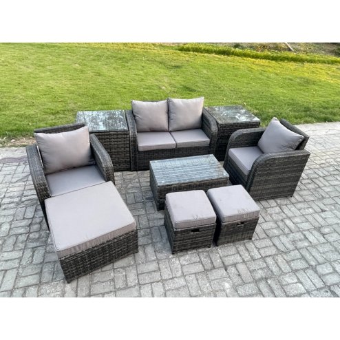 Fimous Wicker PE Rattan Outdoor Furniture Set Garden Love Sofa Coffee Table 2 Armchair 3 Footstools 2 Side Tables Dark Grey Mixed